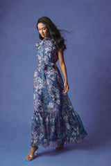 Purple Floral Chiffon Cap Sleeve Gown