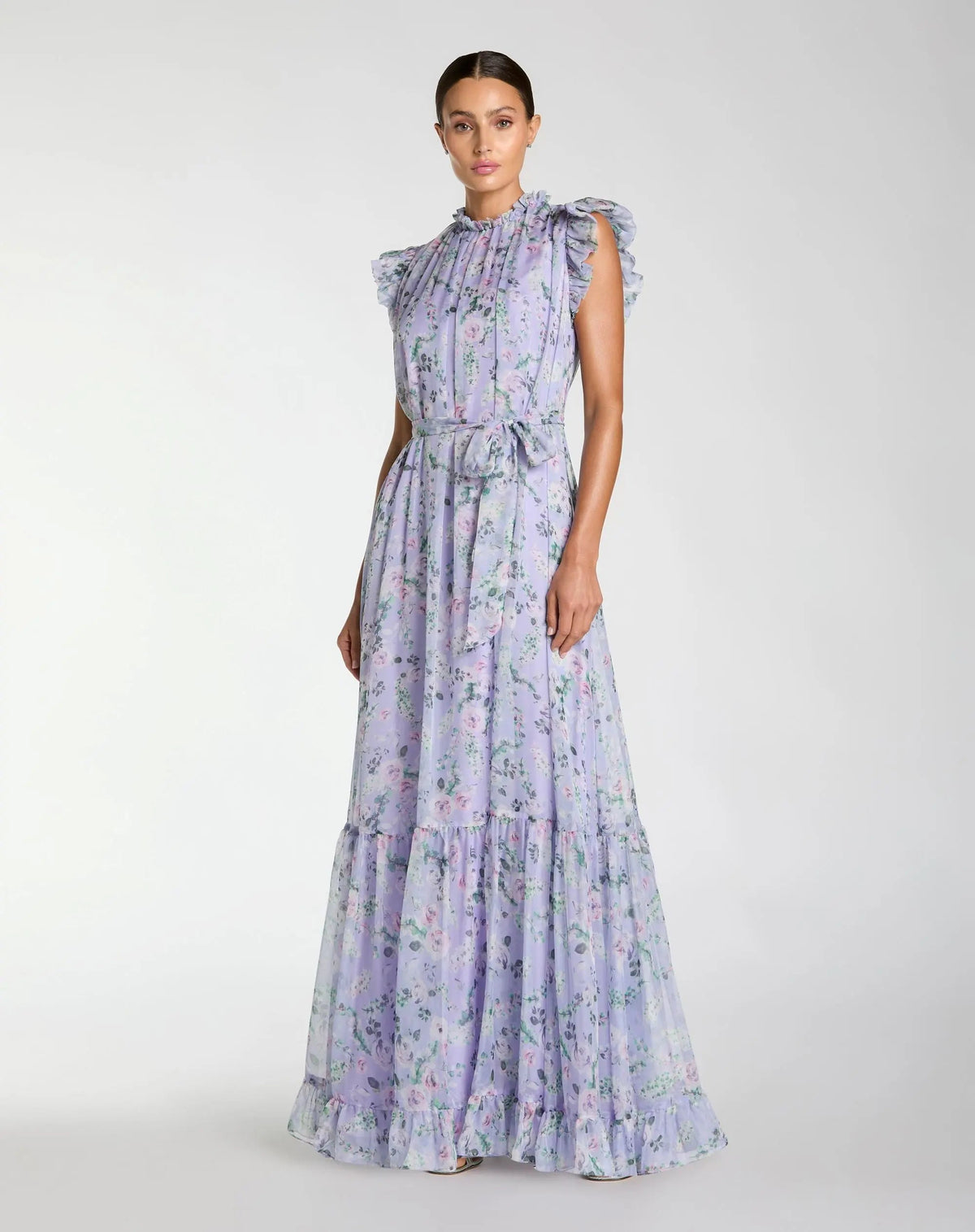 Light Purple Floral Chiffon Cap Sleeve Gown