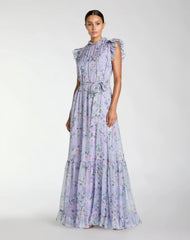 Light Purple Floral Chiffon Cap Sleeve Gown