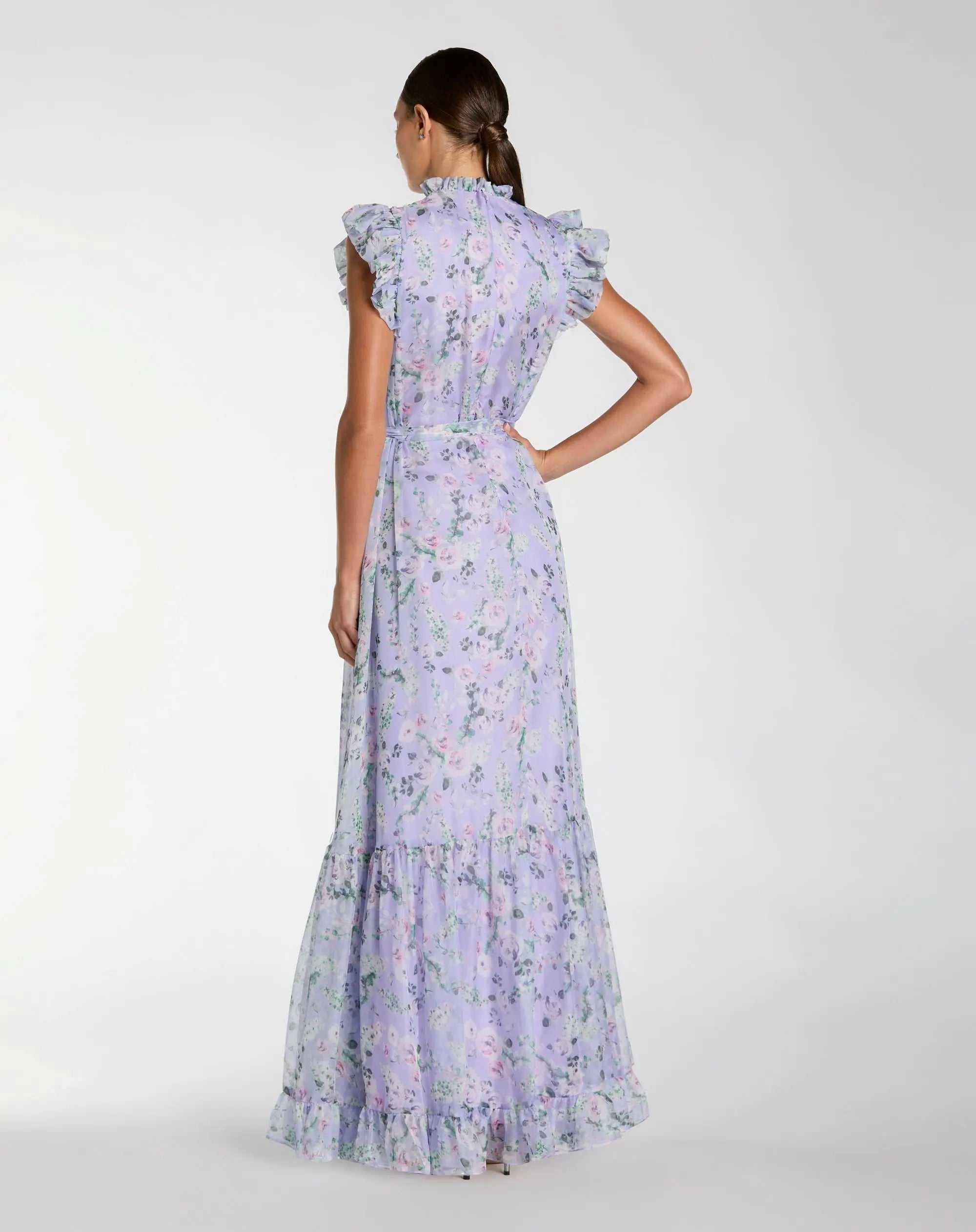 Light Purple Floral Chiffon Cap Sleeve Gown