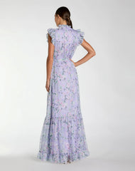 Light Purple Floral Chiffon Cap Sleeve Gown