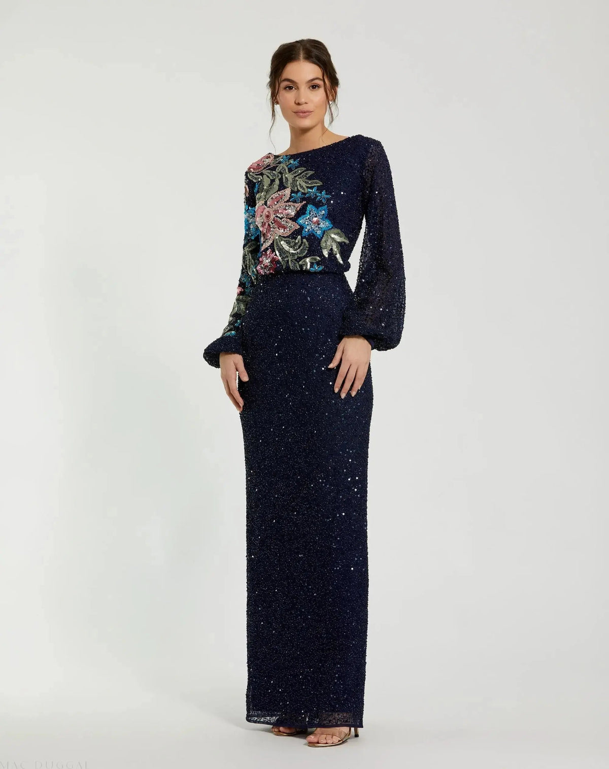 Navy High Neck Long Sleeve Sequin Evening Gown