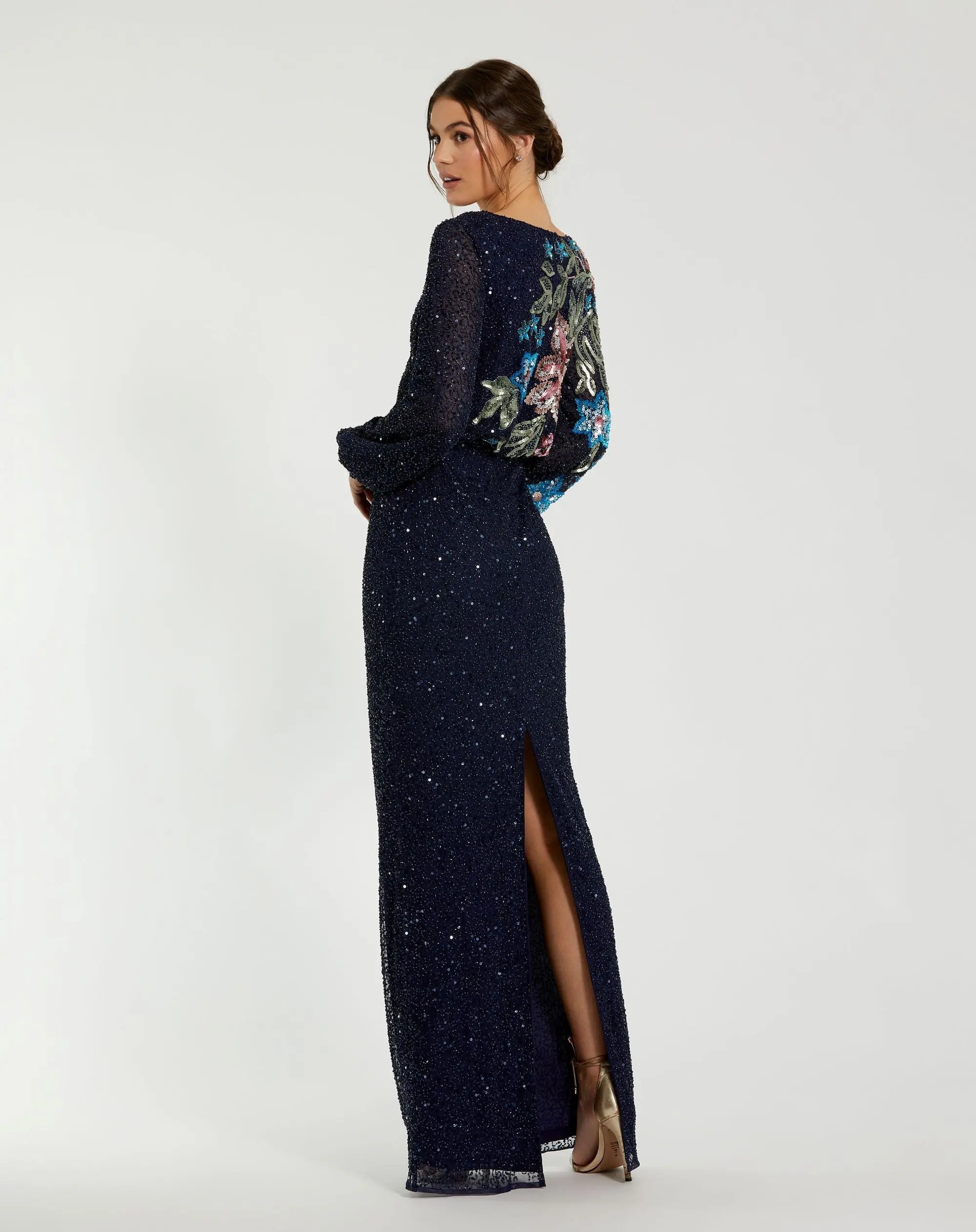 Navy High Neck Long Sleeve Sequin Evening Gown
