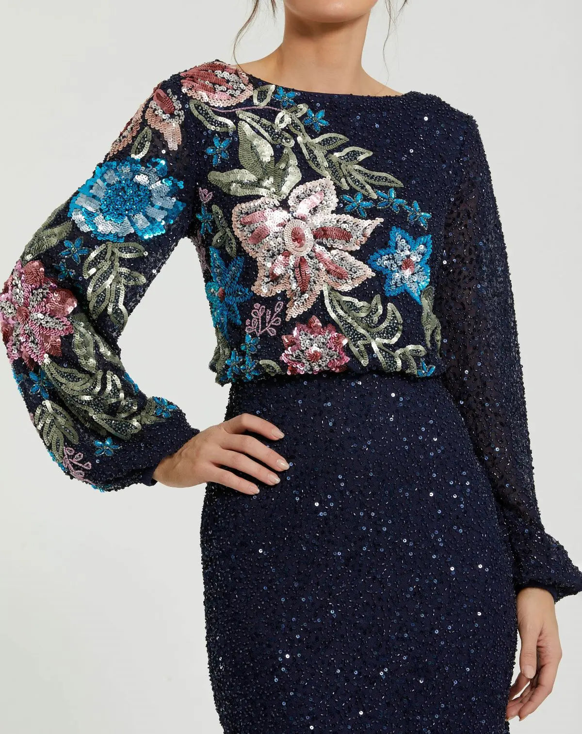 Navy High Neck Long Sleeve Sequin Evening Gown