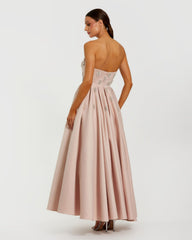 Pink Strapless Crystal Embellished Satin A-Line Dress