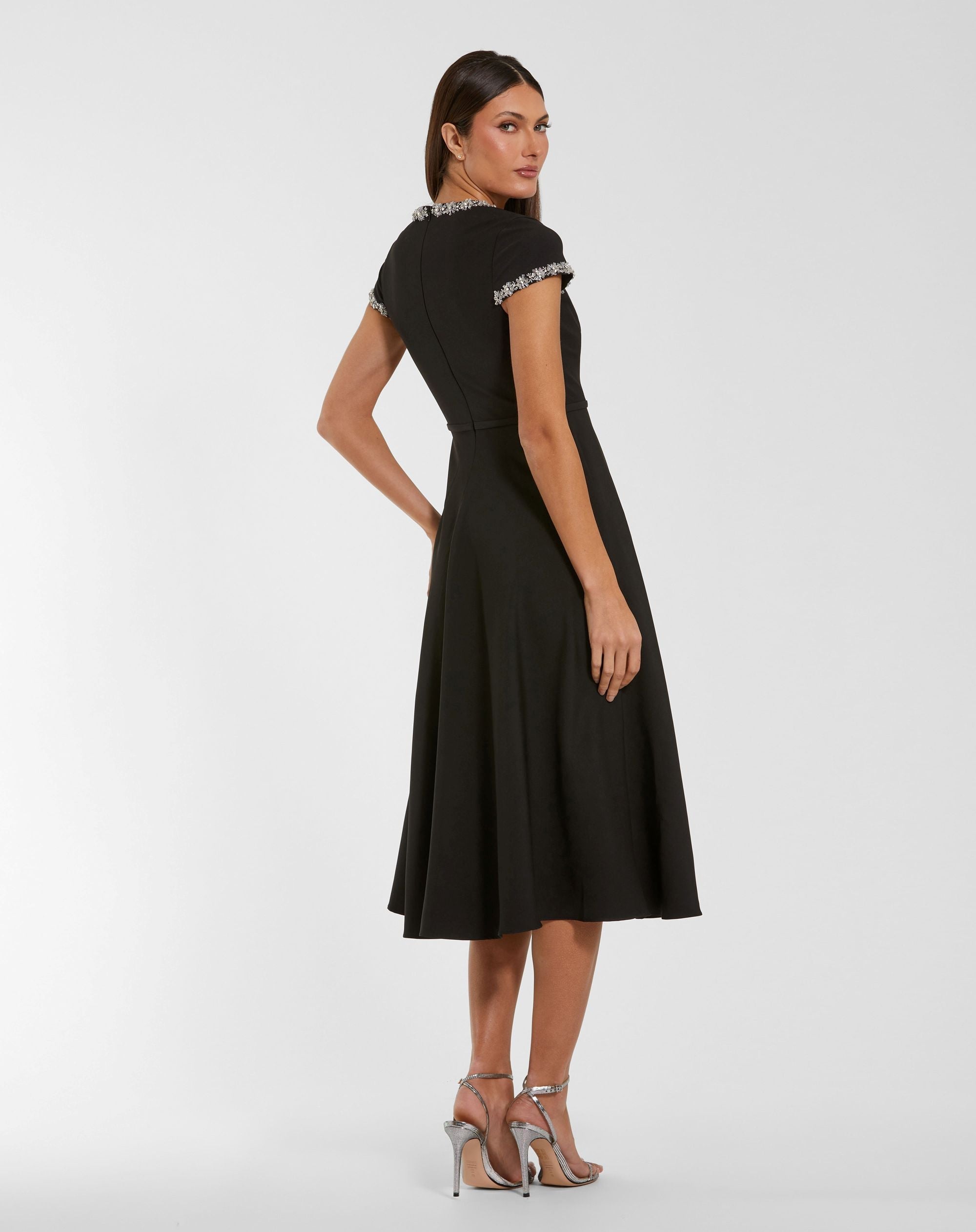 Black Embellished Crepe Cap Sleeve Midi Dress