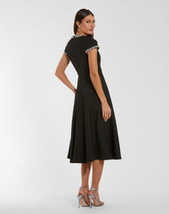 Black Embellished Crepe Cap Sleeve Midi Dress