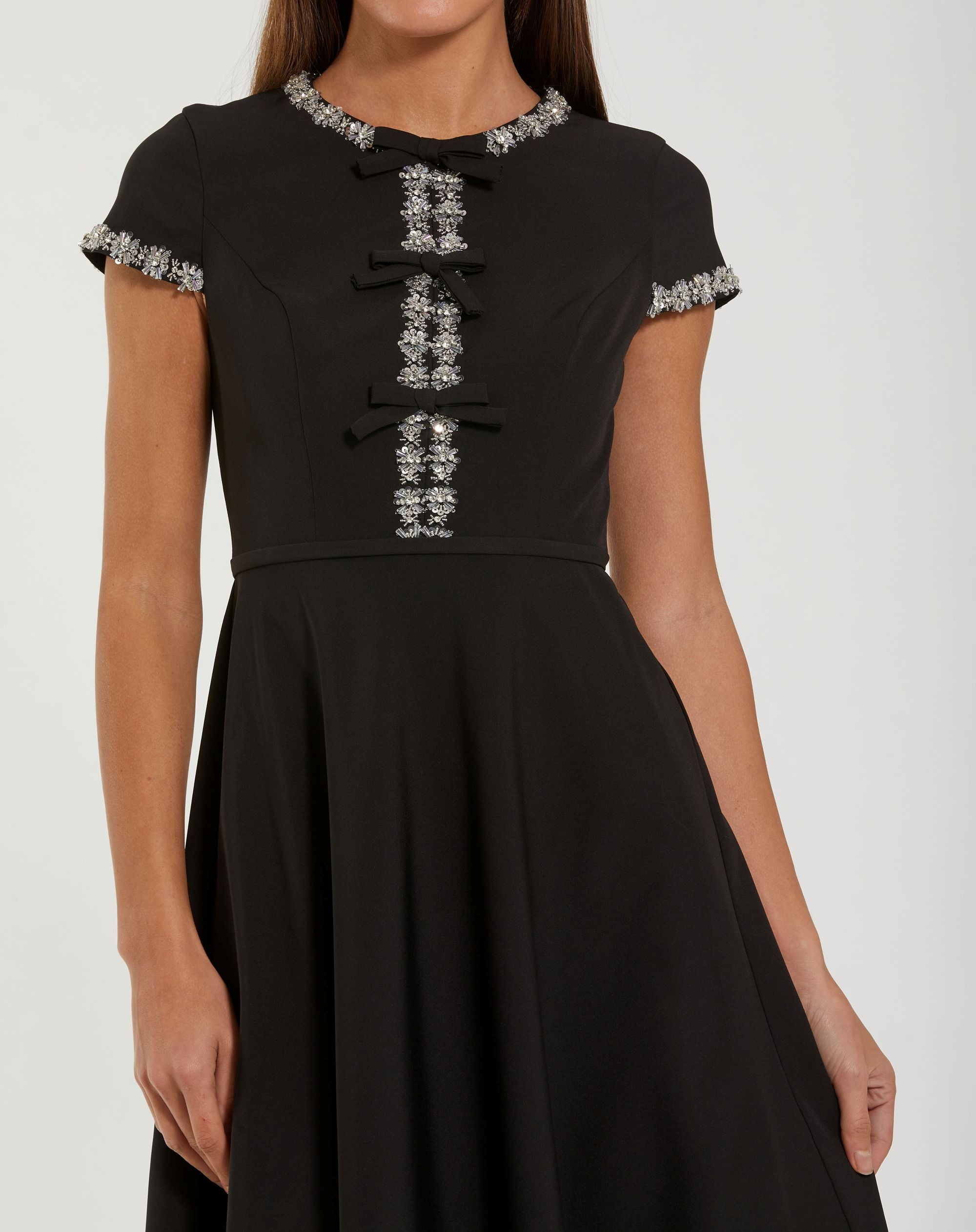 Black Embellished Crepe Cap Sleeve Midi Dress