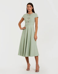 Embellished Crepe Cap Sleeve Midi Dress