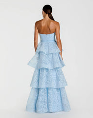 Blue Strapless Floral Organza Tiered Gown with Bow