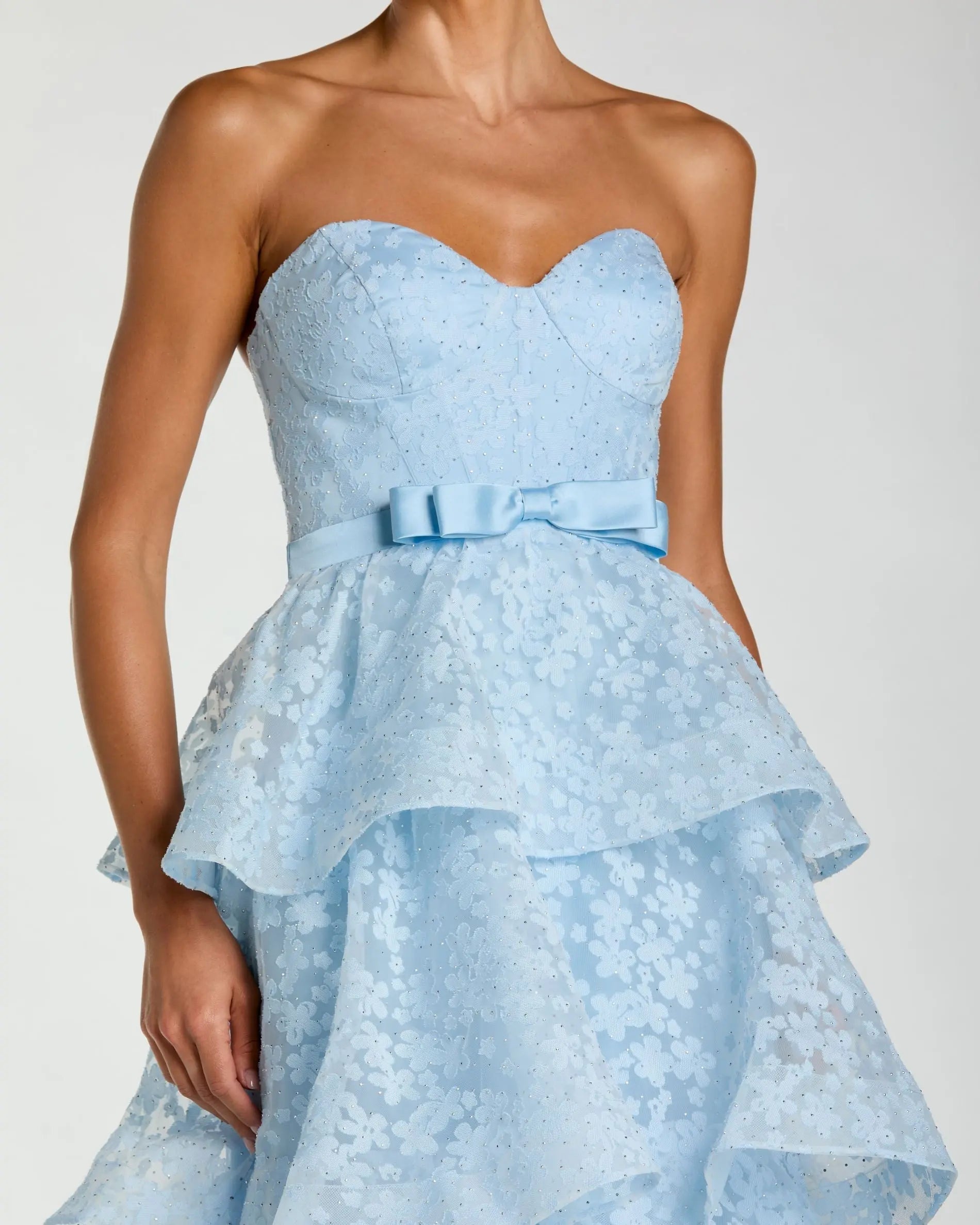 Blue Strapless Floral Organza Tiered Gown with Bow