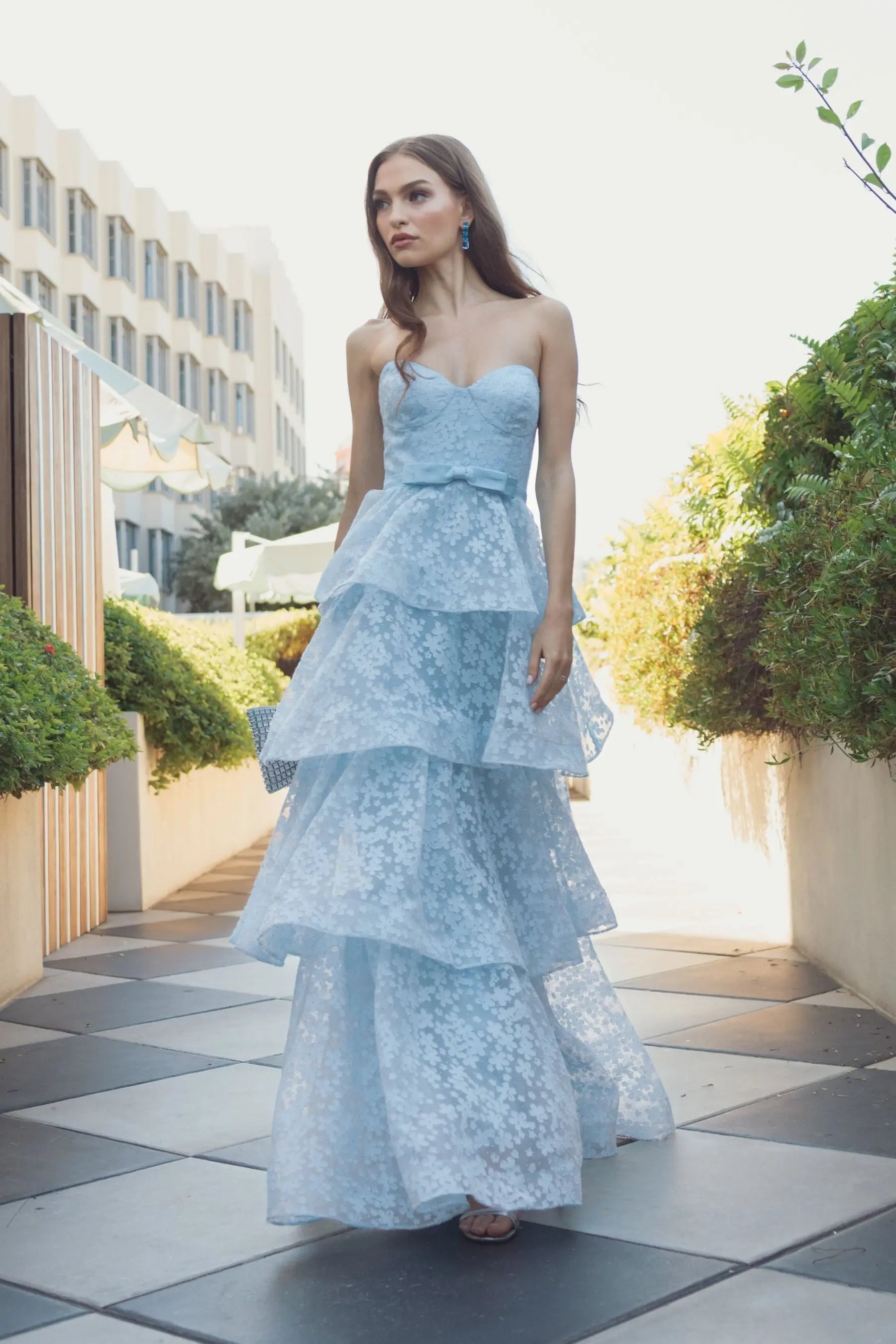 Blue Strapless Floral Organza Tiered Gown with Bow