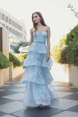 Blue Strapless Floral Organza Tiered Gown with Bow