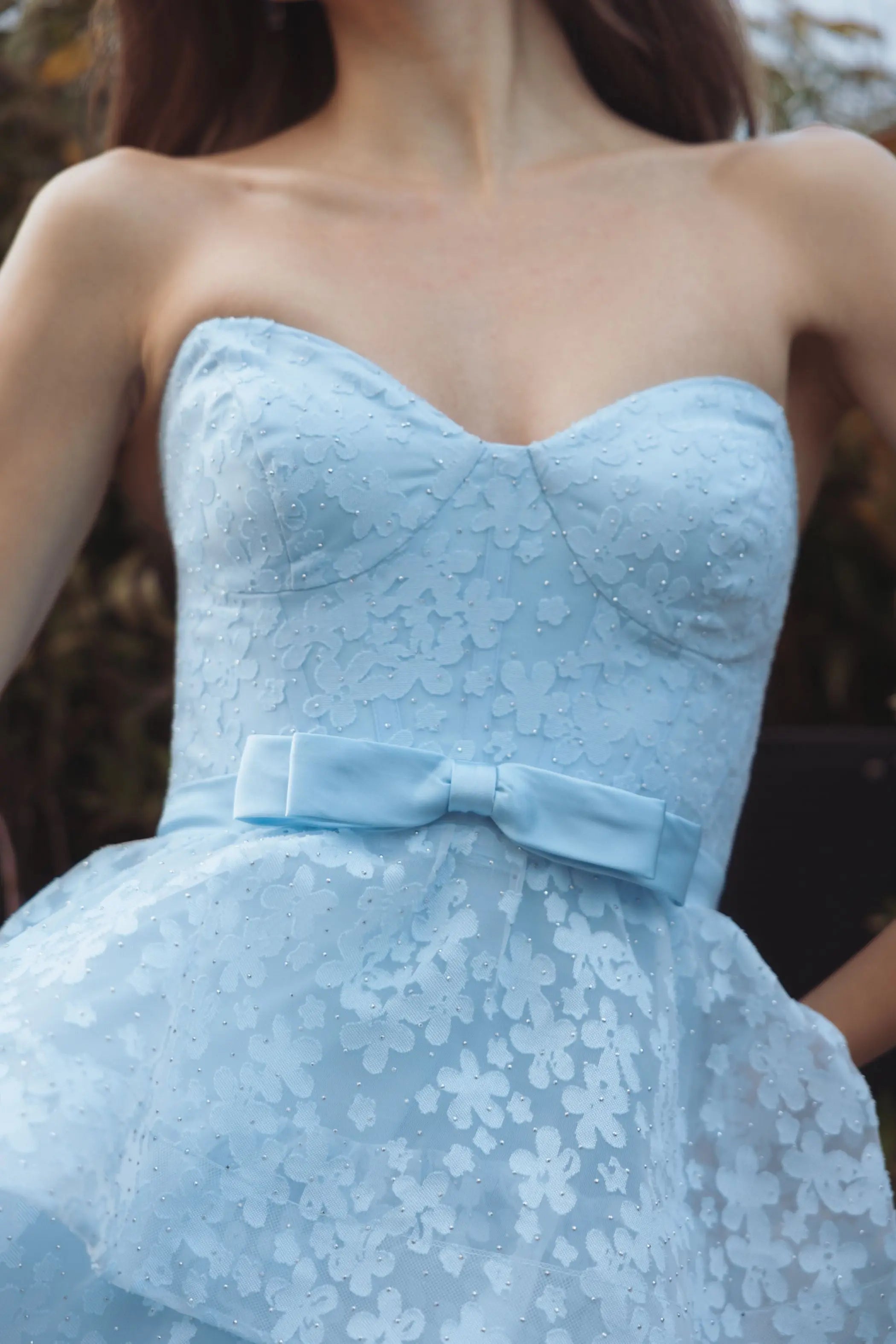 Blue Strapless Floral Organza Tiered Gown with Bow