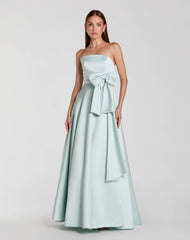 Green Strapless Satin Ball Gown With Bow Detail