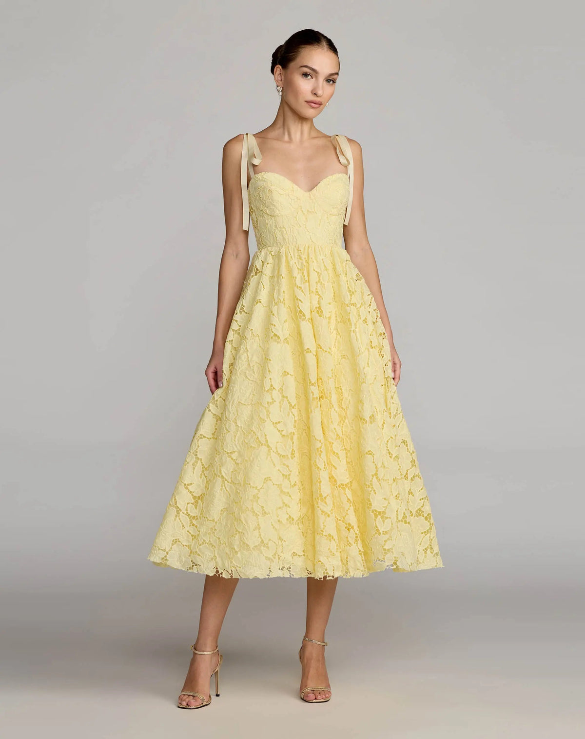 Yellow Lace Bow Strap Midi Dress