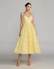 Yellow Lace Bow Strap Midi Dress