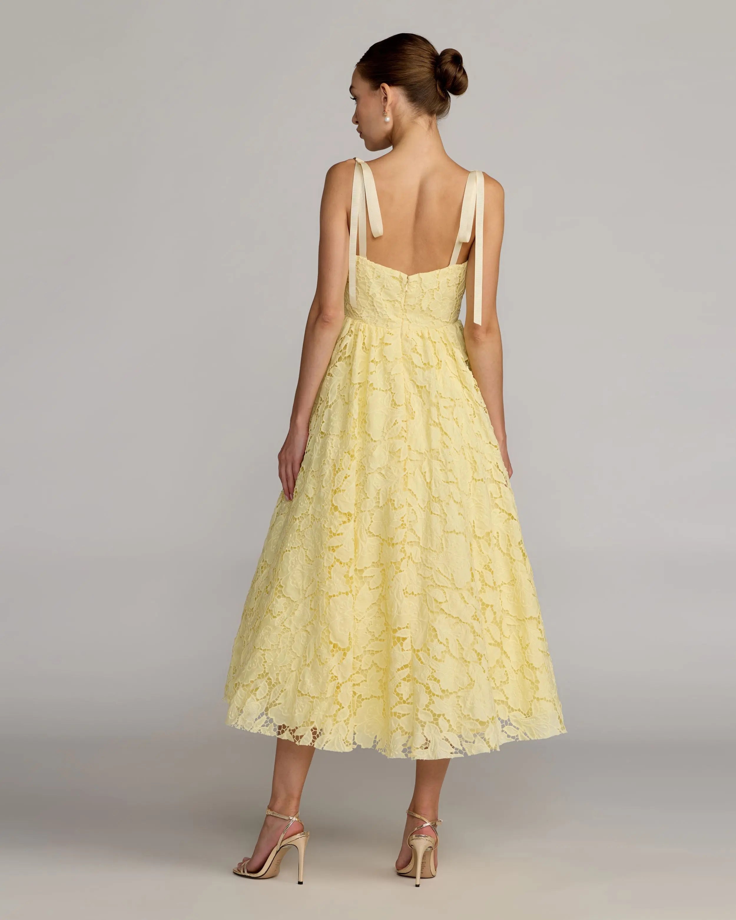 Yellow Lace Bow Strap Midi Dress
