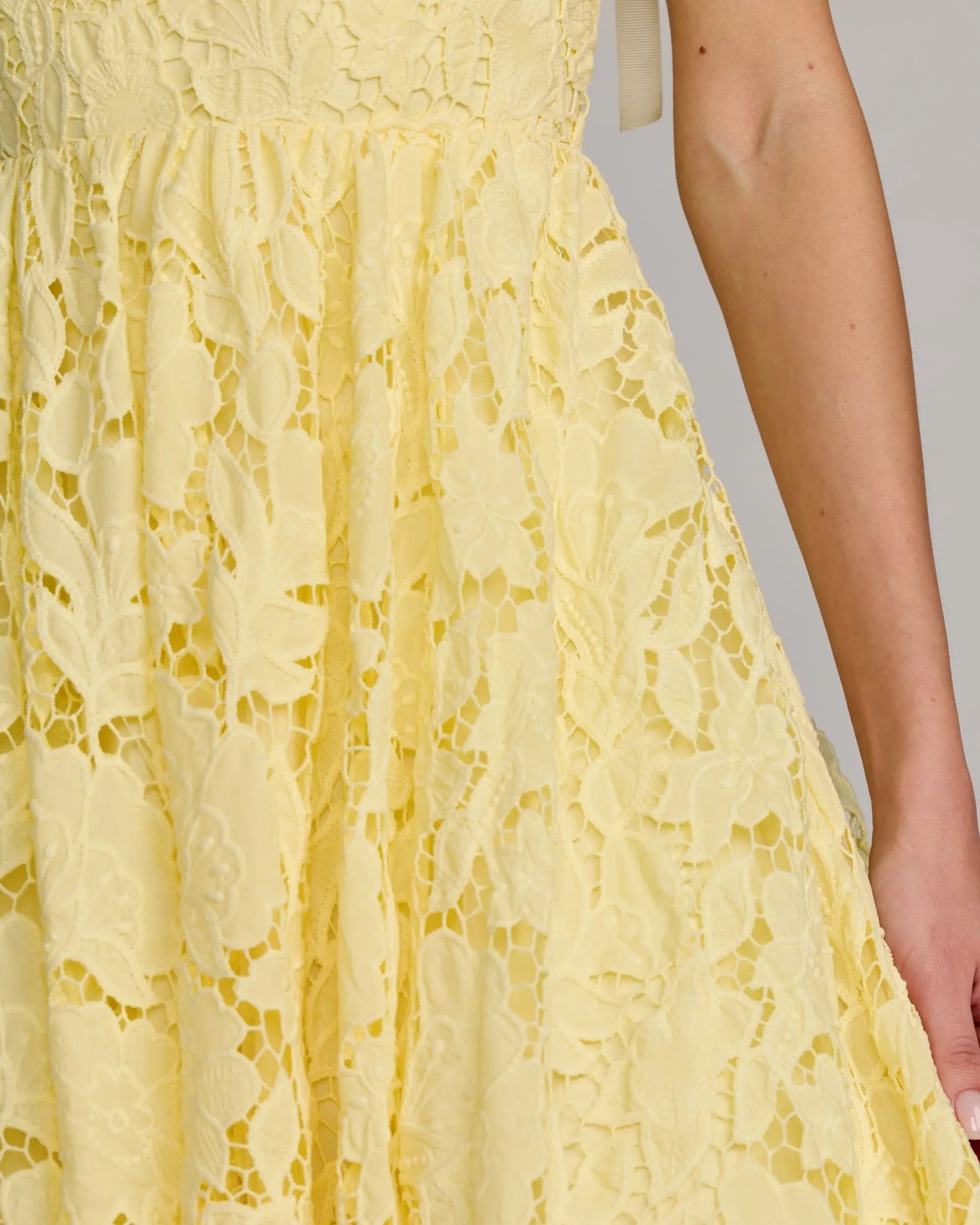 Yellow Lace Bow Strap Midi Dress