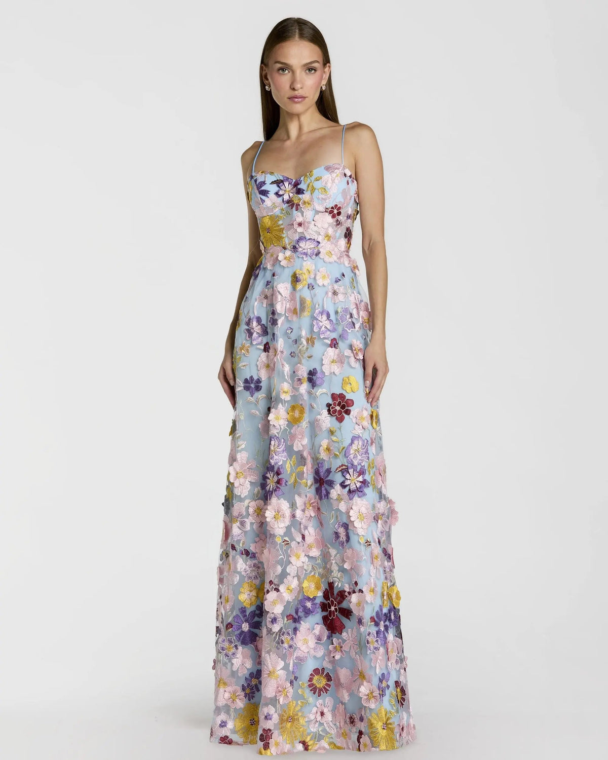 Blue Spaghetti Strap Floral Embroidered A-Line Gown