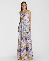 Blue Spaghetti Strap Floral Embroidered A-Line Gown