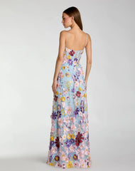 Blue Spaghetti Strap Floral Embroidered A-Line Gown