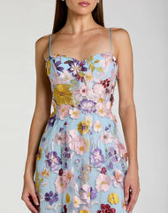 Blue Spaghetti Strap Floral Embroidered A-Line Gown