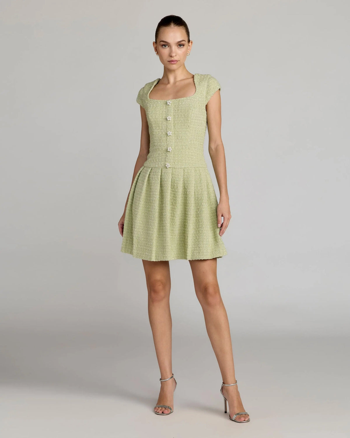 Green Tweed Cap Sleeve Pleated Mini Dress