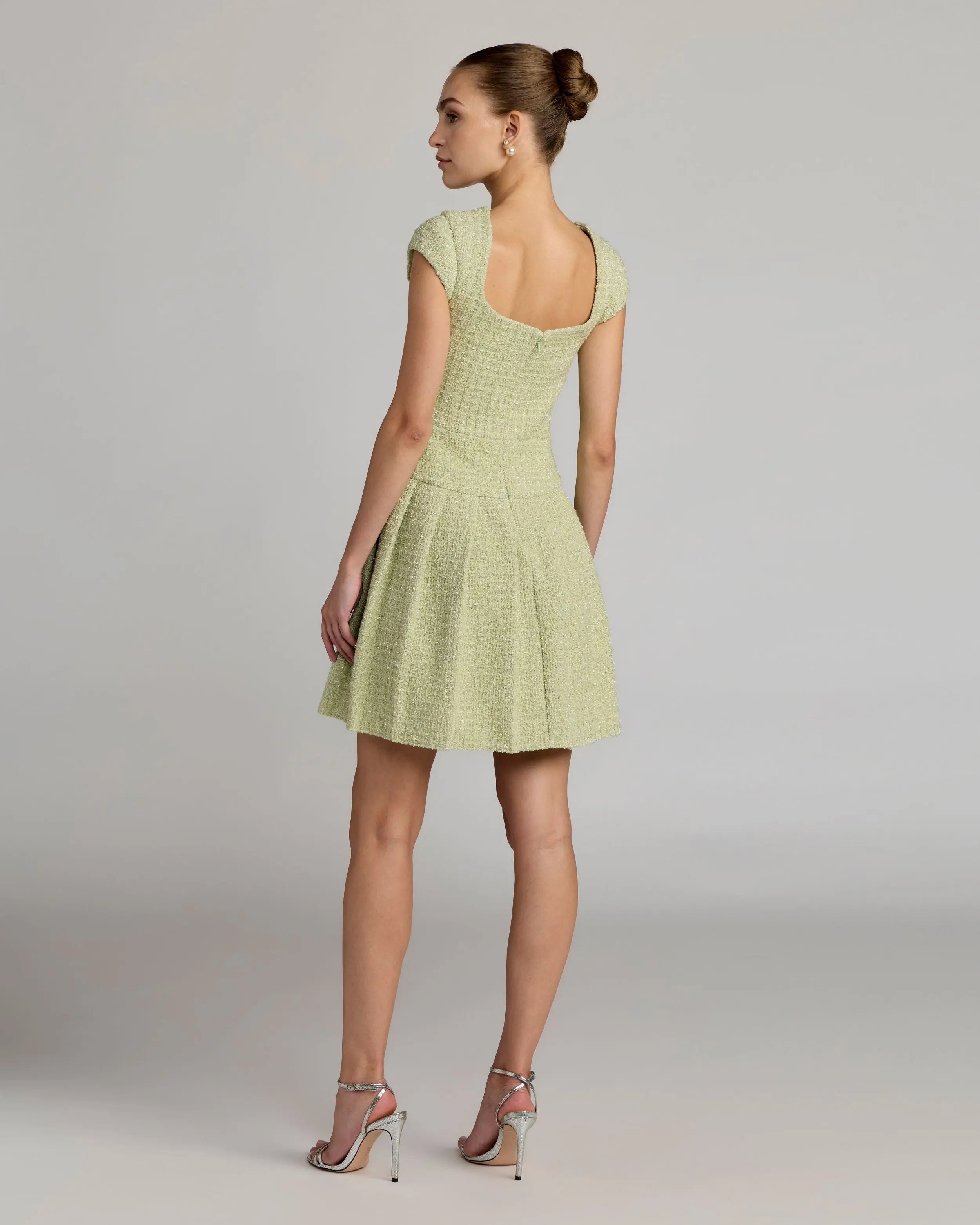 Green Tweed Cap Sleeve Pleated Mini Dress