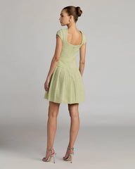 Green Tweed Cap Sleeve Pleated Mini Dress