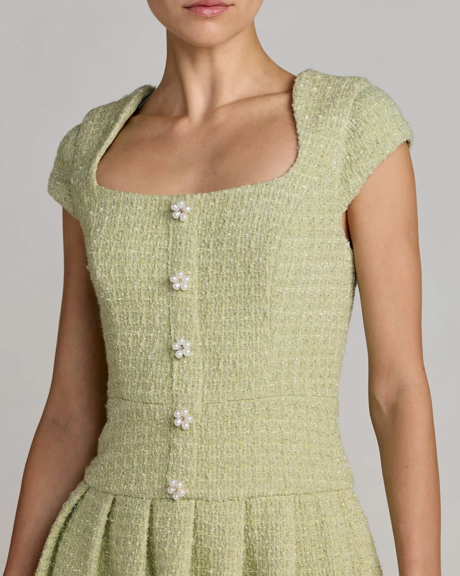 Green Tweed Cap Sleeve Pleated Mini Dress