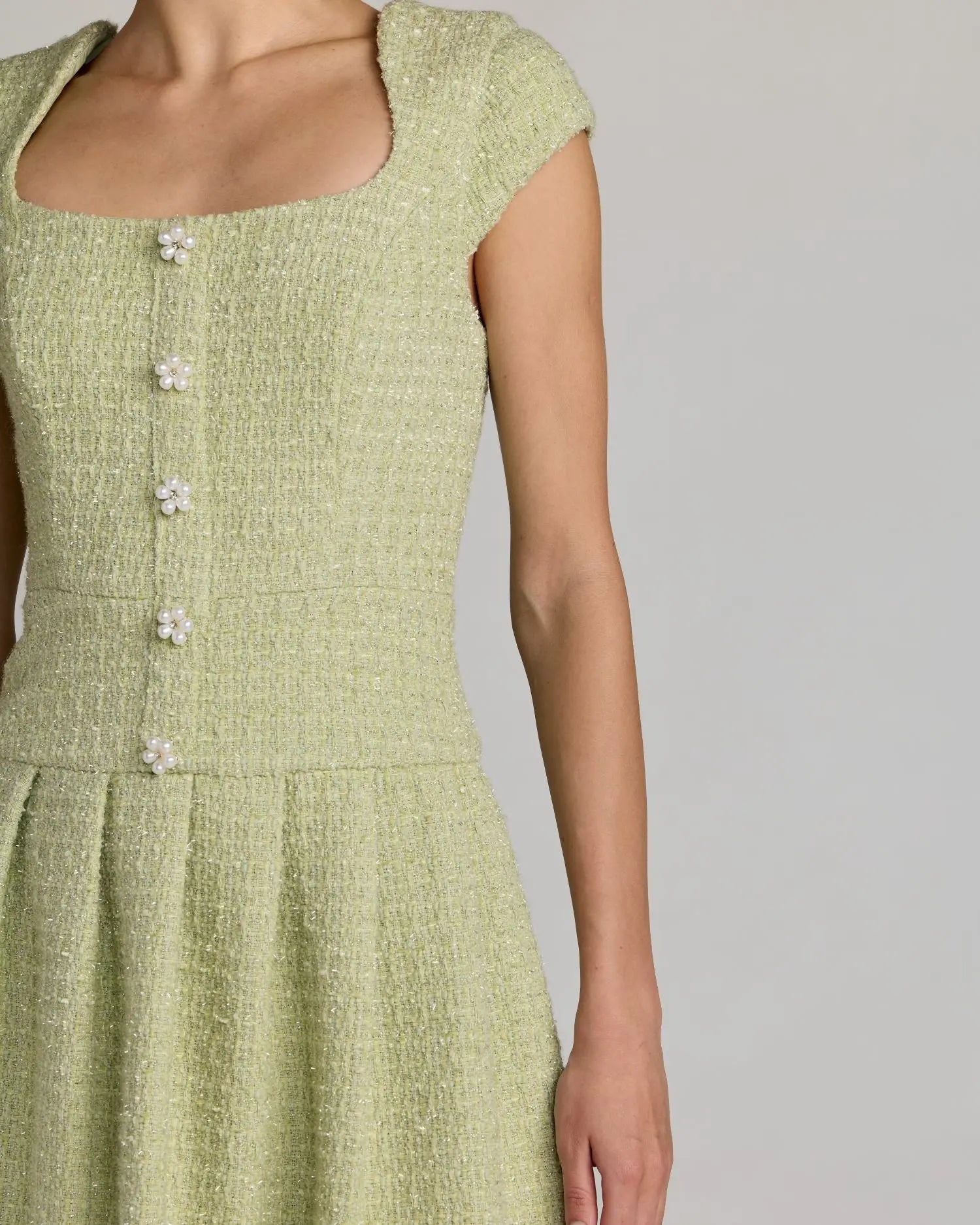 Green Tweed Cap Sleeve Pleated Mini Dress