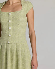 Green Tweed Cap Sleeve Pleated Mini Dress