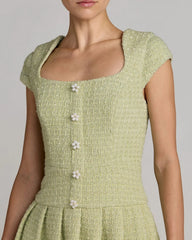 Green Tweed Cap Sleeve Pleated Mini Dress