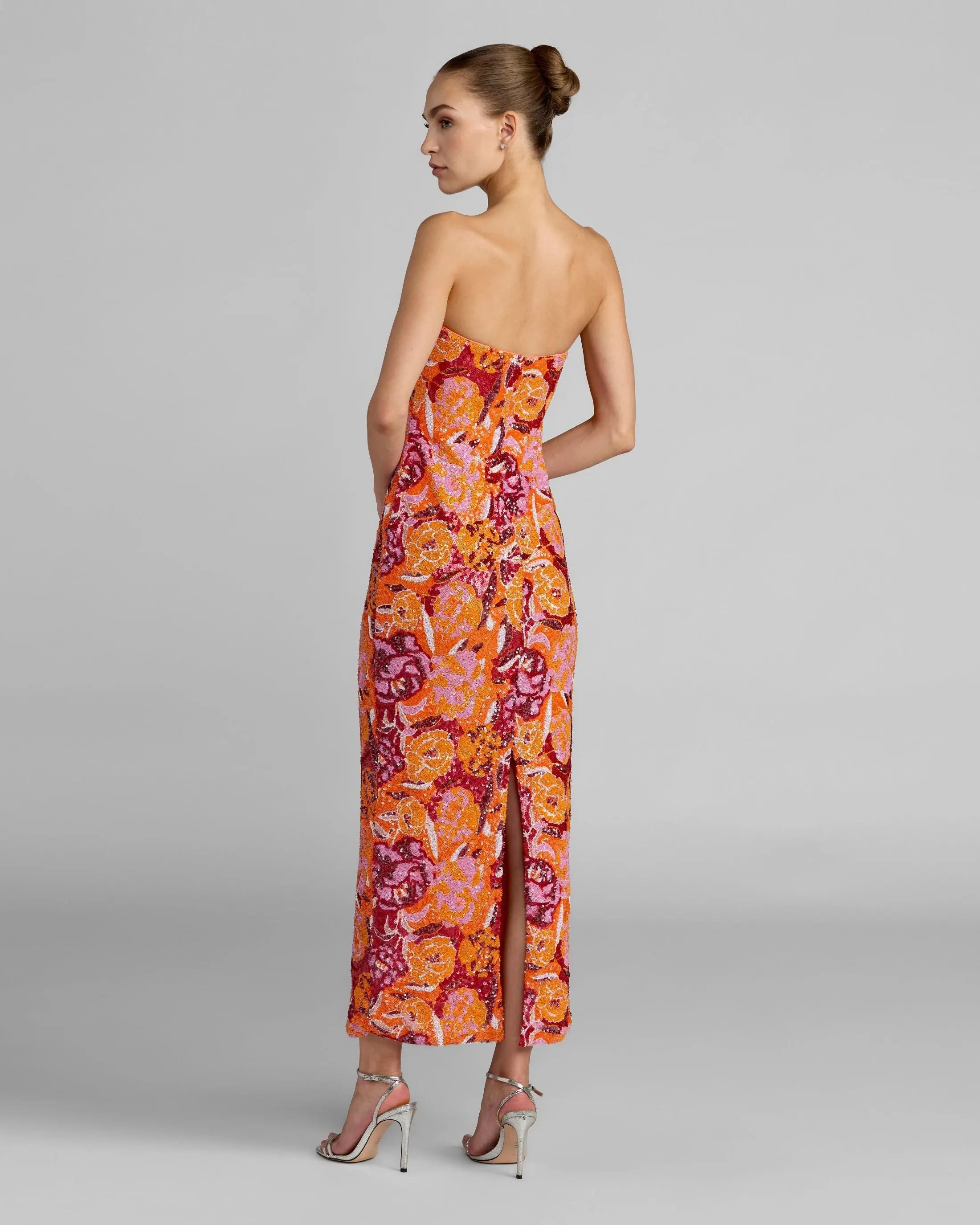 Pink and Orange Strapless Floral Sequin Midi Dress