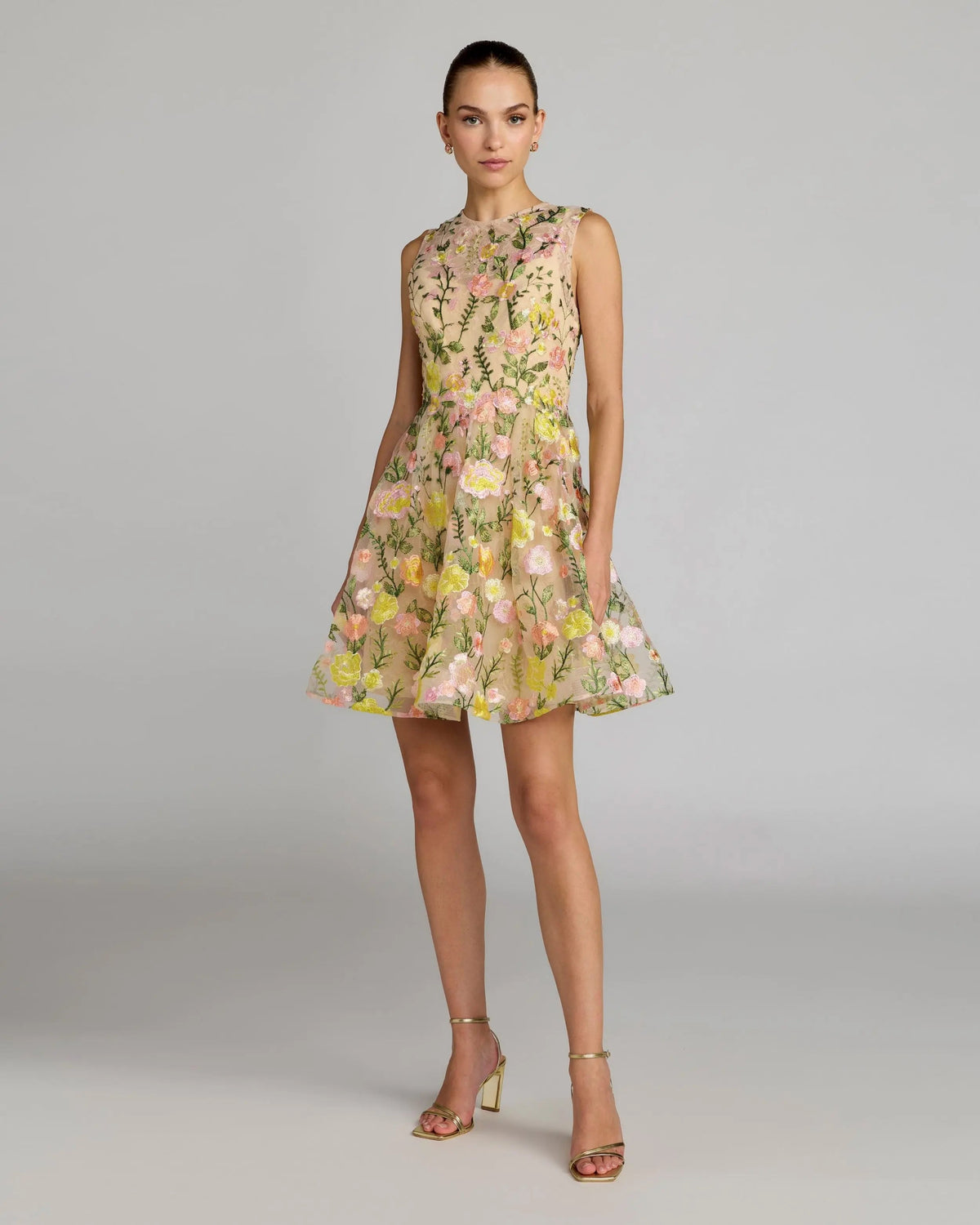 Yellow Floral Embroidered Sleeveless A-Line Mini Dress
