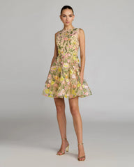Yellow Floral Embroidered Sleeveless A-Line Mini Dress
