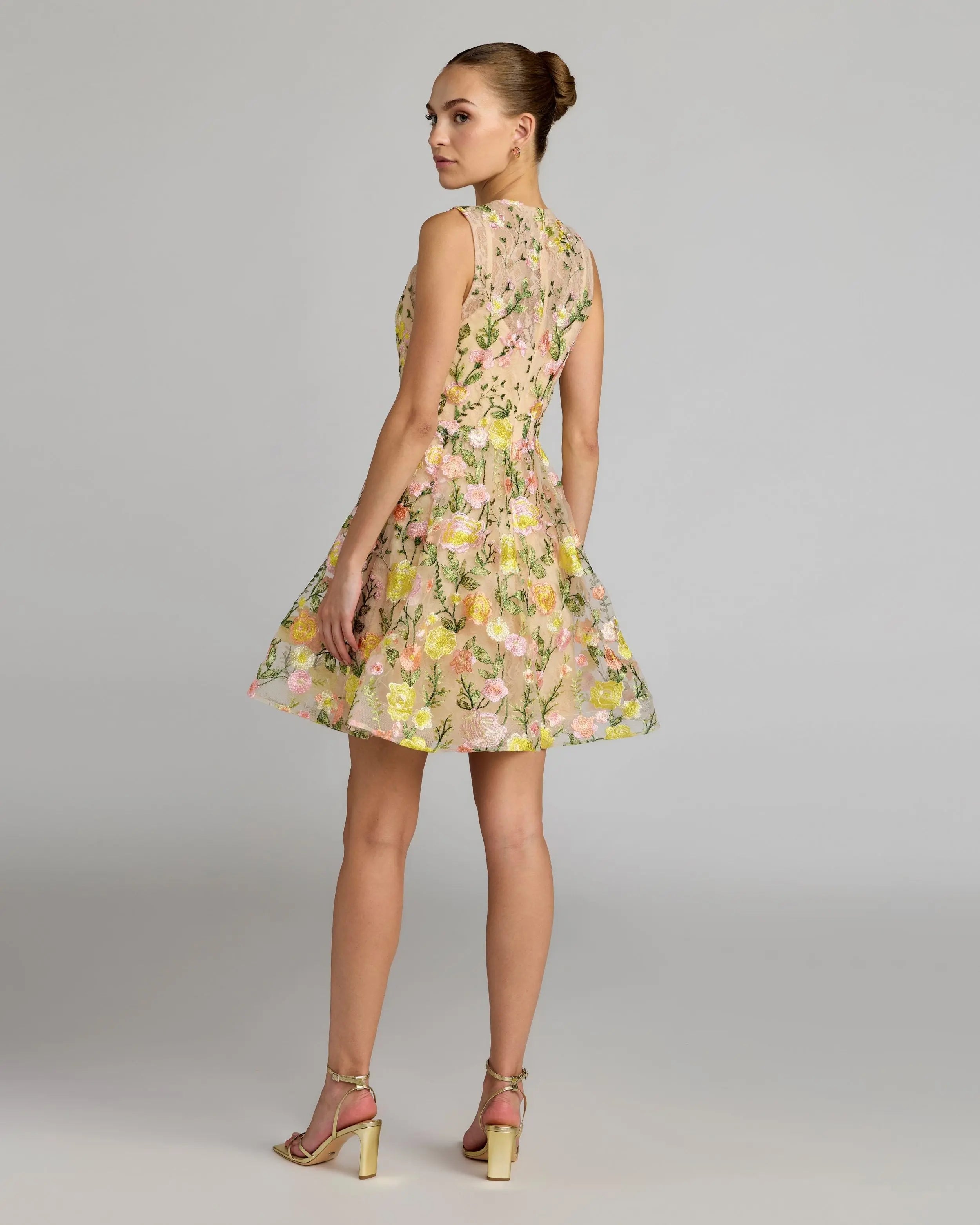 Yellow Floral Embroidered Sleeveless A-Line Mini Dress