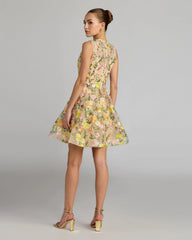 Yellow Floral Embroidered Sleeveless A-Line Mini Dress