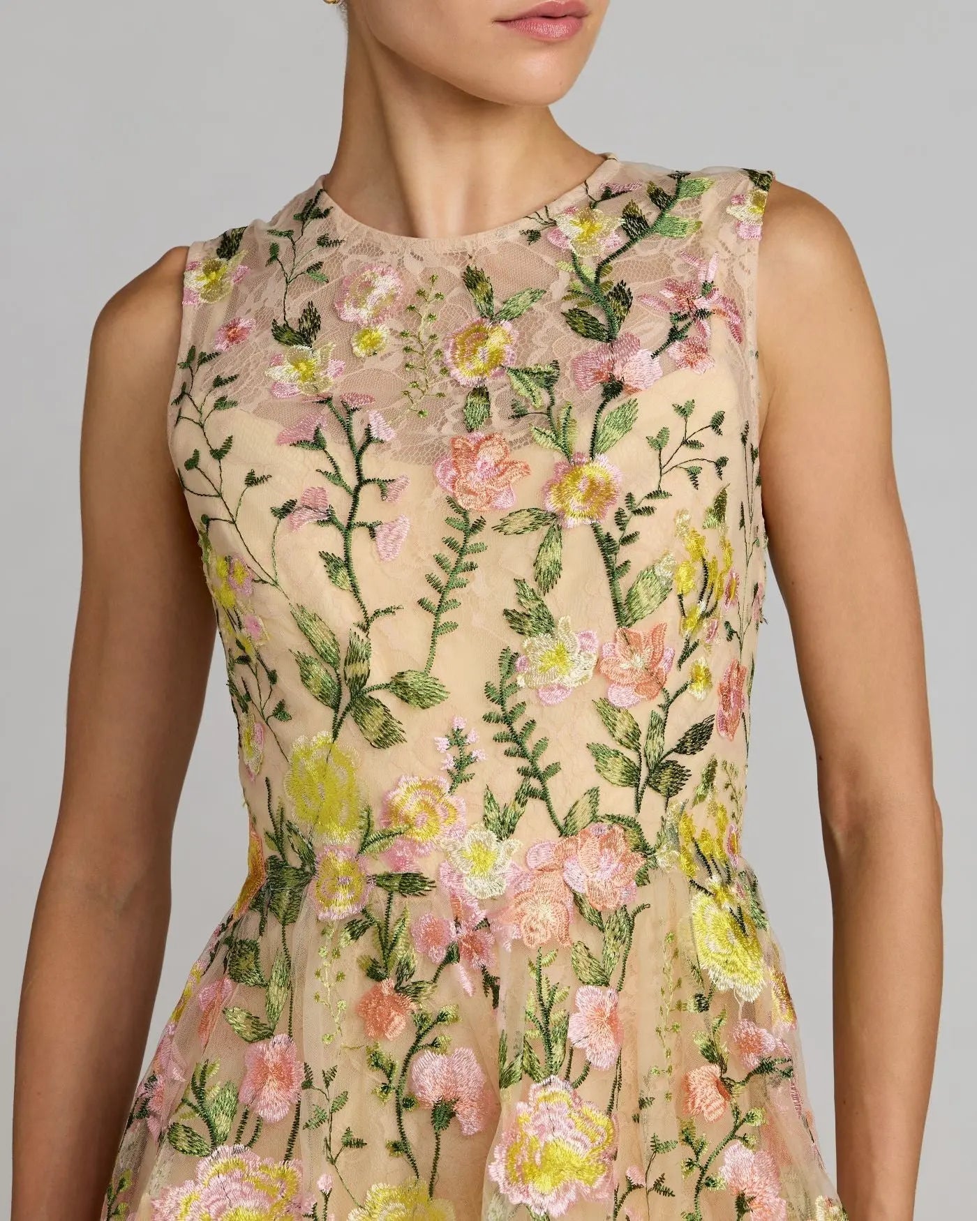 Yellow Floral Embroidered Sleeveless A-Line Mini Dress