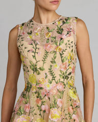 Yellow Floral Embroidered Sleeveless A-Line Mini Dress