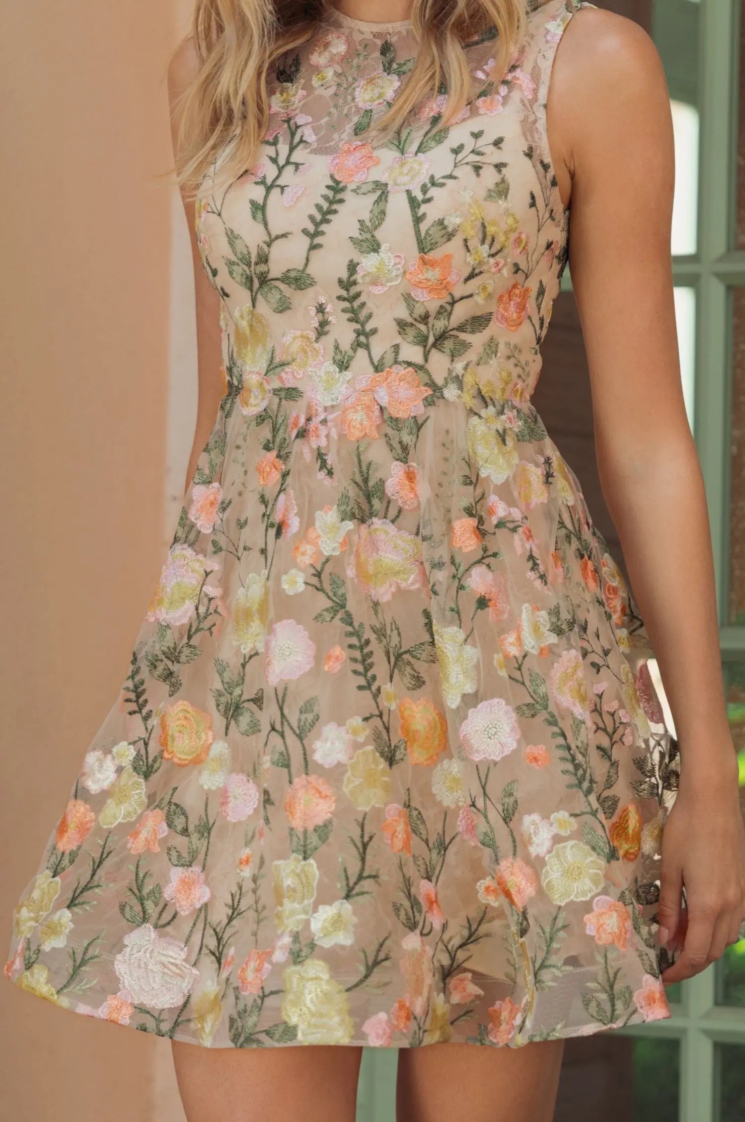 Yellow Floral Embroidered Sleeveless A-Line Mini Dress