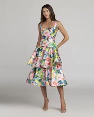 Multicolor Floral Tiered Square Neck Midi Dress
