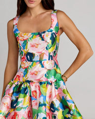 Multicolor Floral Tiered Square Neck Midi Dress