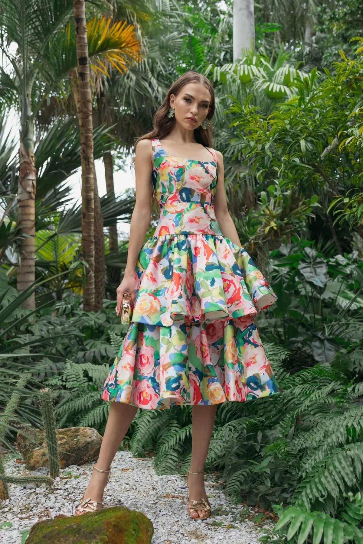 Multicolor Floral Tiered Square Neck Midi Dress