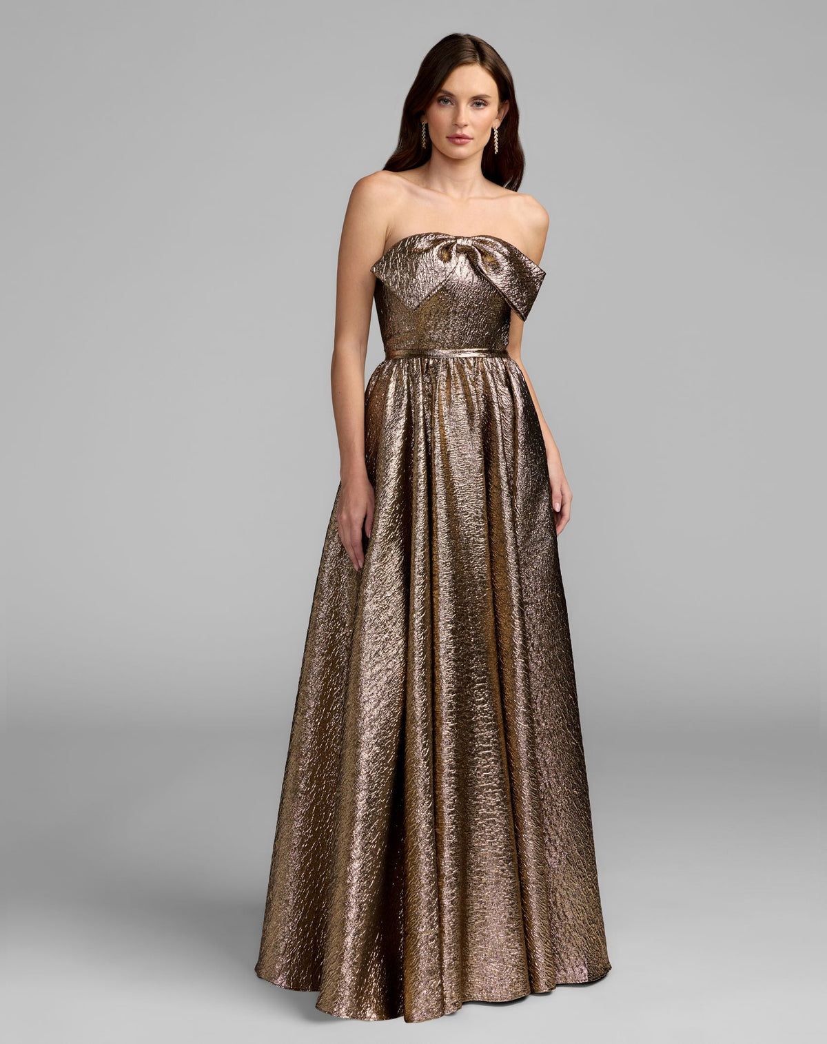 Gold Strapless Metallic Gown With Bow Detail
