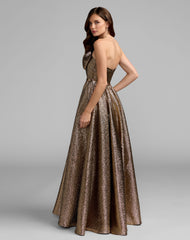 Gold Strapless Metallic Gown With Bow Detail