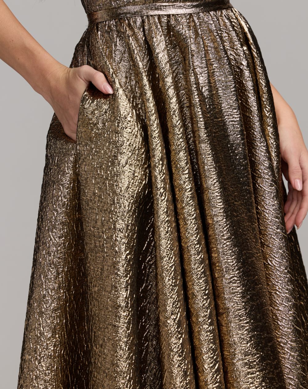 Gold Strapless Metallic Gown With Bow Detail