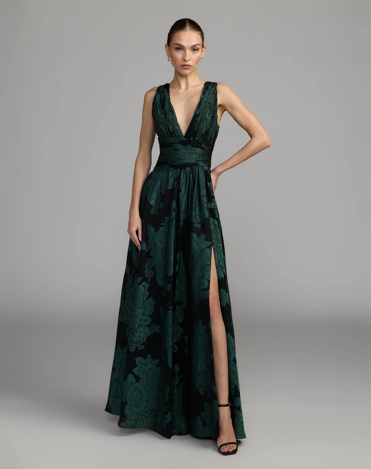 Emerald Floral Sleeveless Plunge Neck Gown