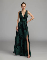 Emerald Floral Sleeveless Plunge Neck Gown